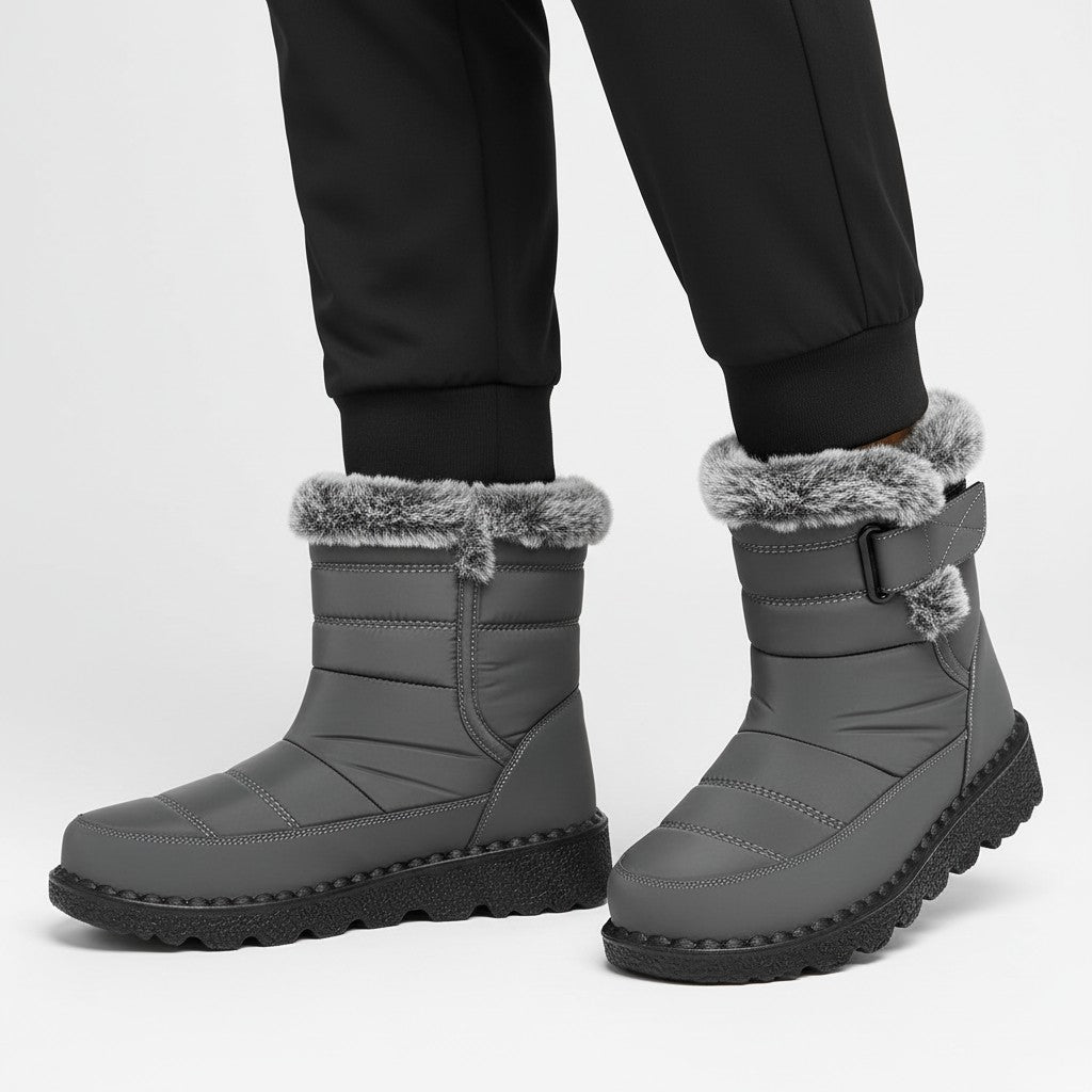 OUTDOORS NORDIC waterproof grey winter boots with faux fur trim, warm flannel lining, and non-slip rubber soles.
