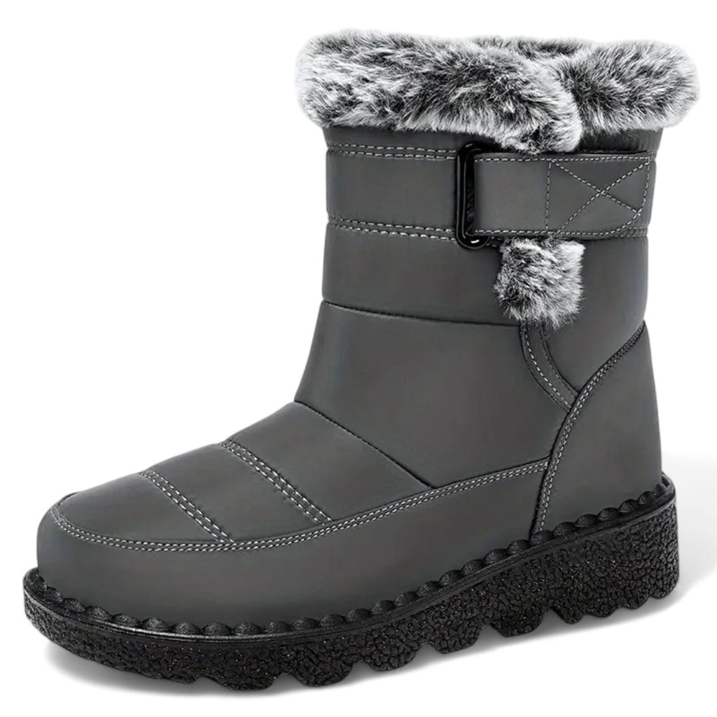OUTDOORS NORDIC waterproof winter boots in grey with faux fur trim, warm lining, and a non-slip rubber sole.