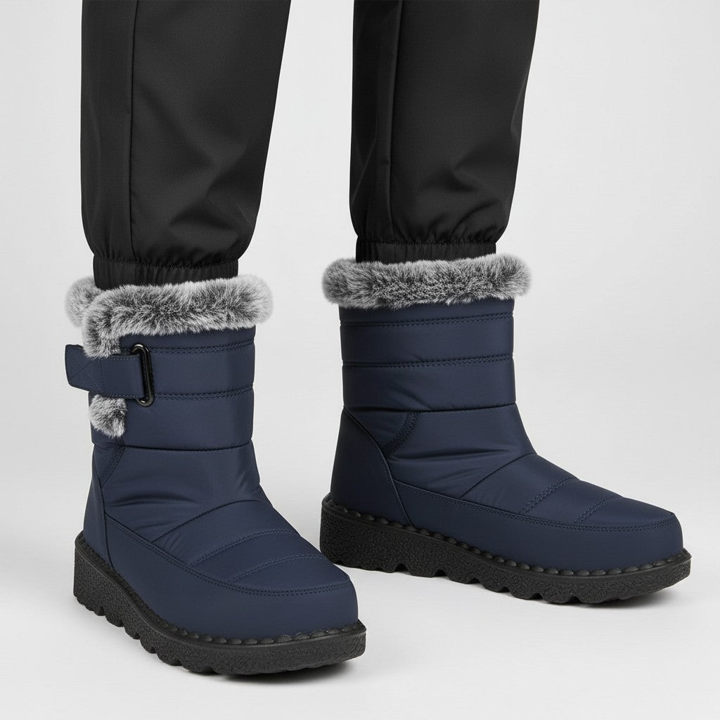 OUTDOORS NORDIC waterproof navy blue winter boots with faux fur trim, flannel lining, and easy velcro closure.