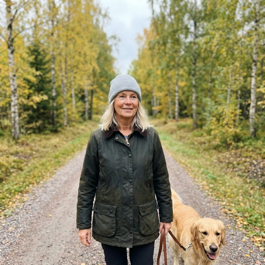 Woman around 60 walking her golden retriever in an autumn birch forest wearing the light grey Cozy Waffle Beanie