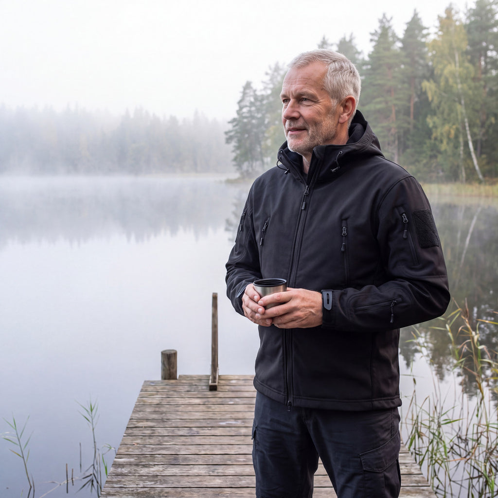Man i svart Utility Softshell Jacket på bryggan en dimmig morgon