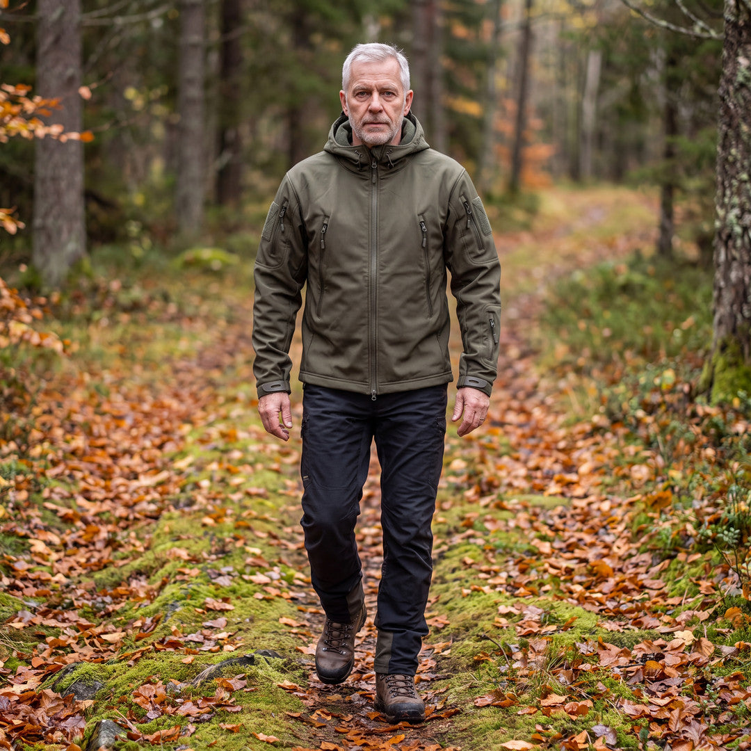 Man i armégrön Utility Softshell Jacket på skogsstig