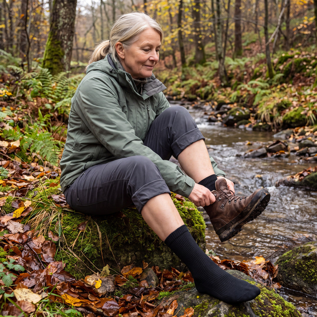 Kvinna i svarta Waterproof Hiking Socks drar på sig kängorna vid en bäck i höstskogen