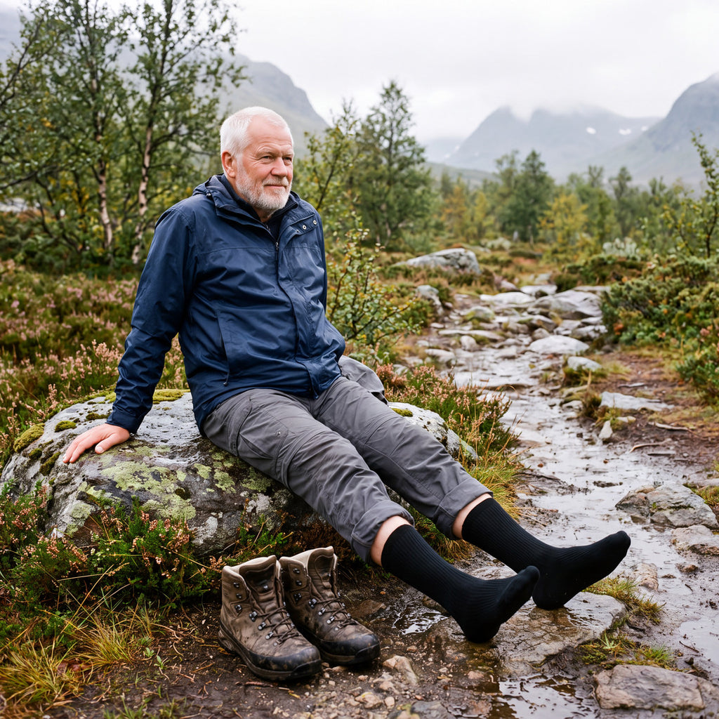 Man i svarta Waterproof Hiking Socks vilar på en sten vid en blöt fjällstig