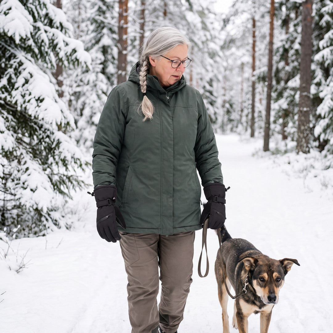 Kvinna med svarta skidhandskar på hundpromenad i snöig skog