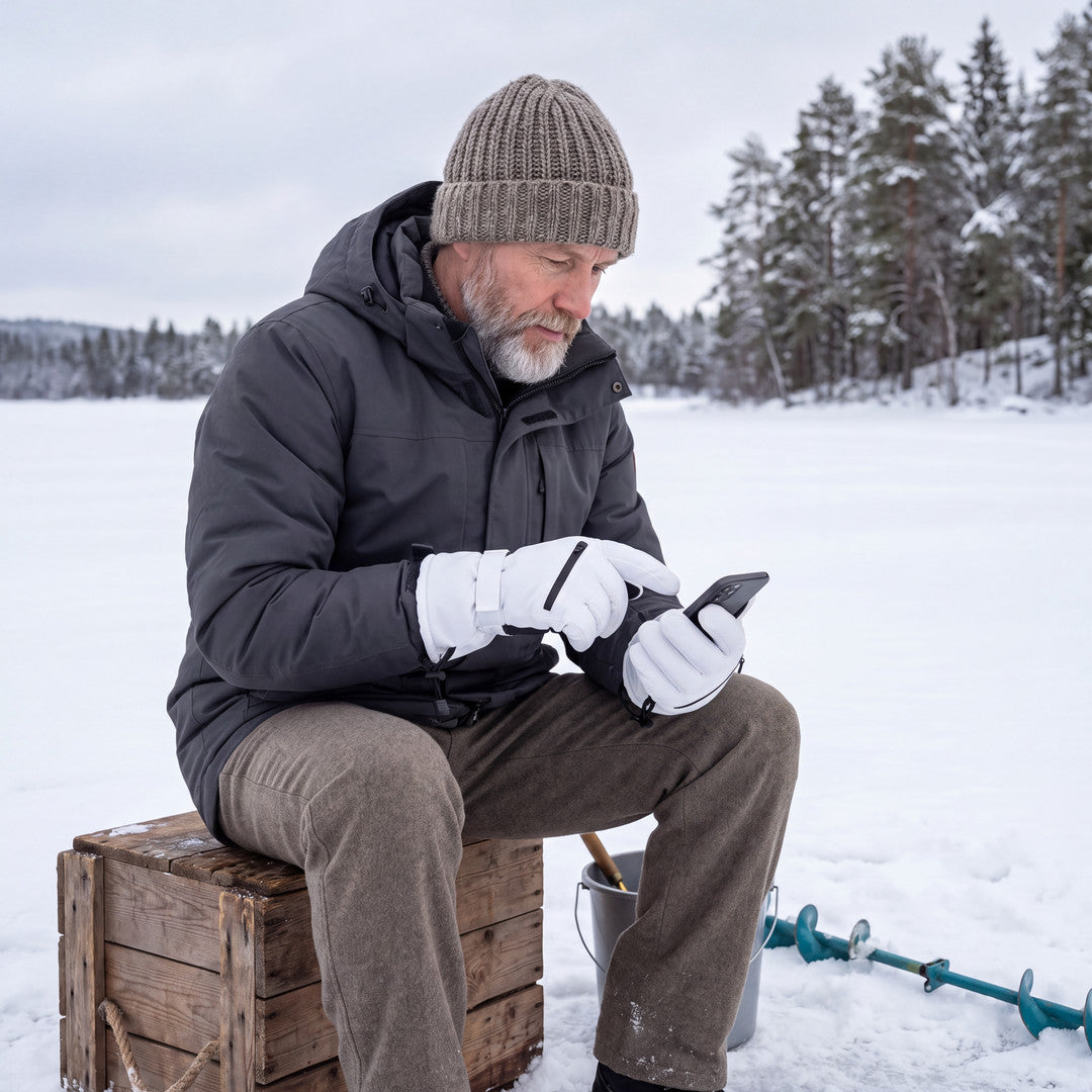 Man med vita skidhandskar använder mobilen vid pimpelfiske på isen